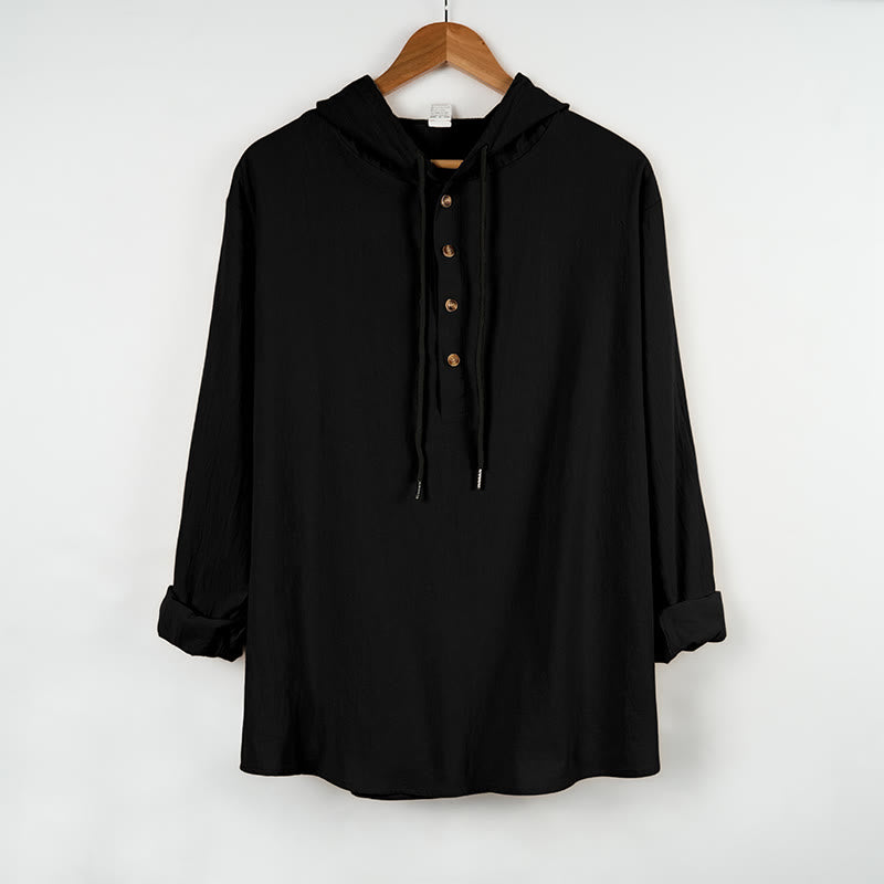 Camicia da uomo in cotone con cappuccio e maniche lunghe, tinta unita, con bottoni a metà autunno, motivo Buddha Stones - Nero - US/UK/AU46, EU56 (3XL) - image 7