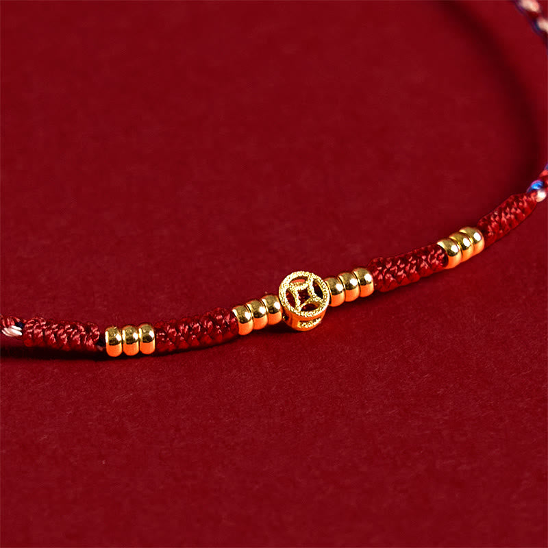 Braccialetto portafortuna con monete di rame intrecciate a mano in corda rossa Buddha Stones - image 4