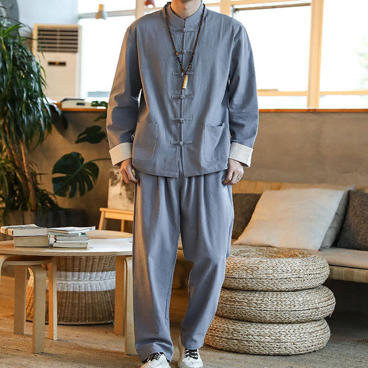 Buddha Stones 2 pezzi Zen Tang Suit da uomo Frog-Bottone Camicia a maniche lunghe Pantaloni Set con tasche - image 3