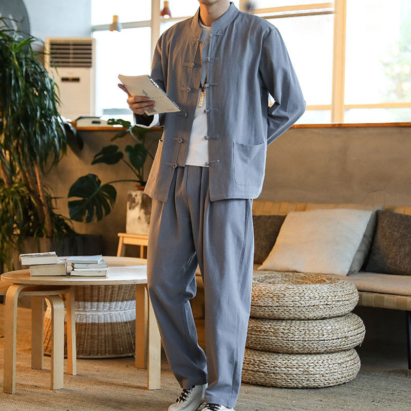 Buddha Stones 2 pezzi Zen Tang Suit da uomo Frog-Bottone Camicia a maniche lunghe Pantaloni Set con tasche - image 2