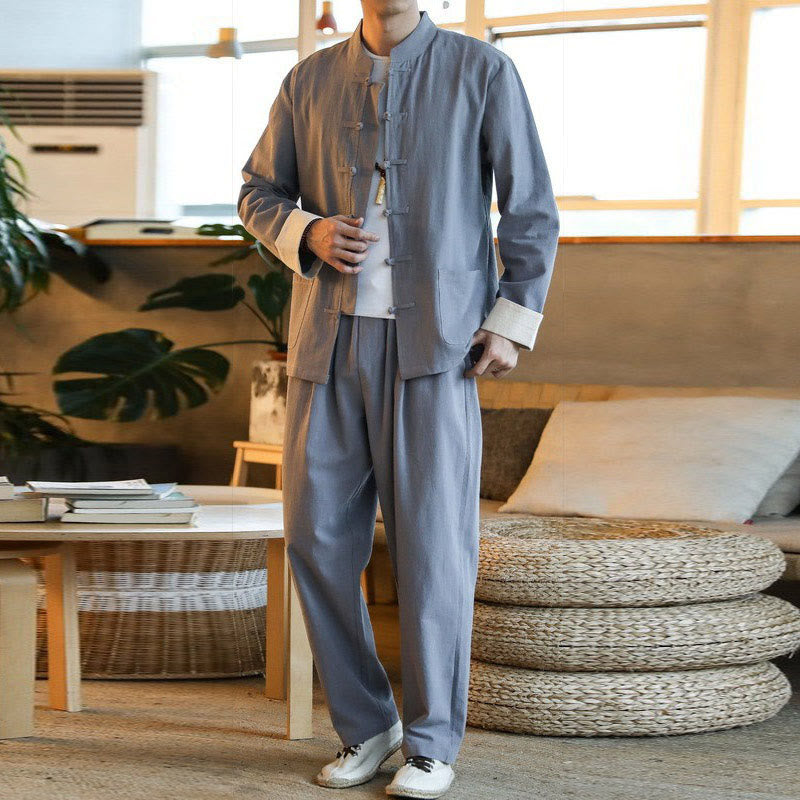 Buddha Stones 2 pezzi Zen Tang Suit da uomo Frog-Bottone Camicia a maniche lunghe Pantaloni Set con tasche - Grigio - US/UK/AU44, EU54 (5XL) - image 0