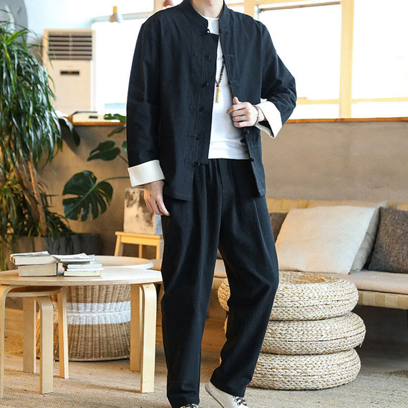 Buddha Stones 2 pezzi Zen Tang Suit da uomo Frog-Bottone Camicia a maniche lunghe Pantaloni Set con tasche - image 18