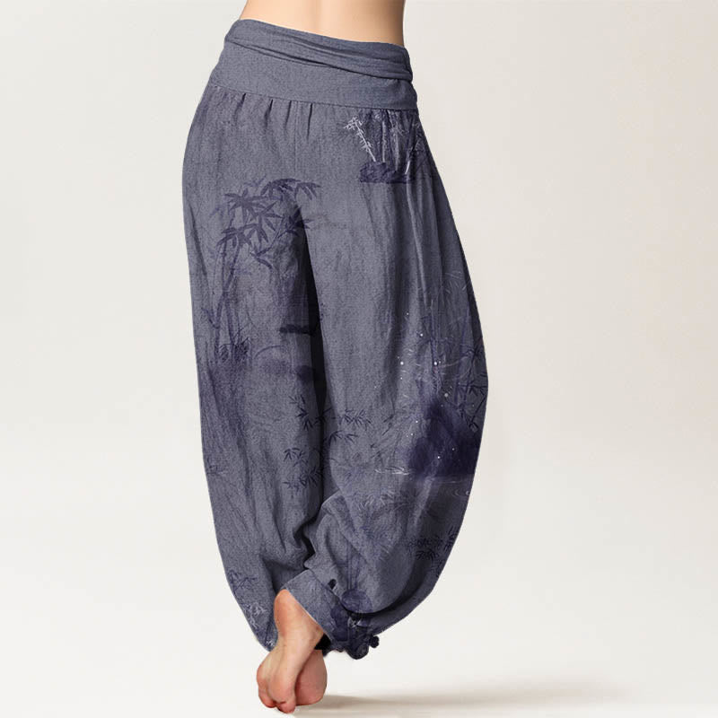 Pantaloni harem da donna con elastico in vita, in puro cotone, casual, con Buddha Stones di bambù e pittura a inchiostro - image 3