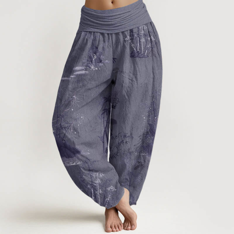 Pantaloni harem da donna con elastico in vita, in puro cotone, casual, con Buddha Stones di bambù e pittura a inchiostro - Grigio ardesia - US22, UK/AU26, EU54 (6XL) - image 1