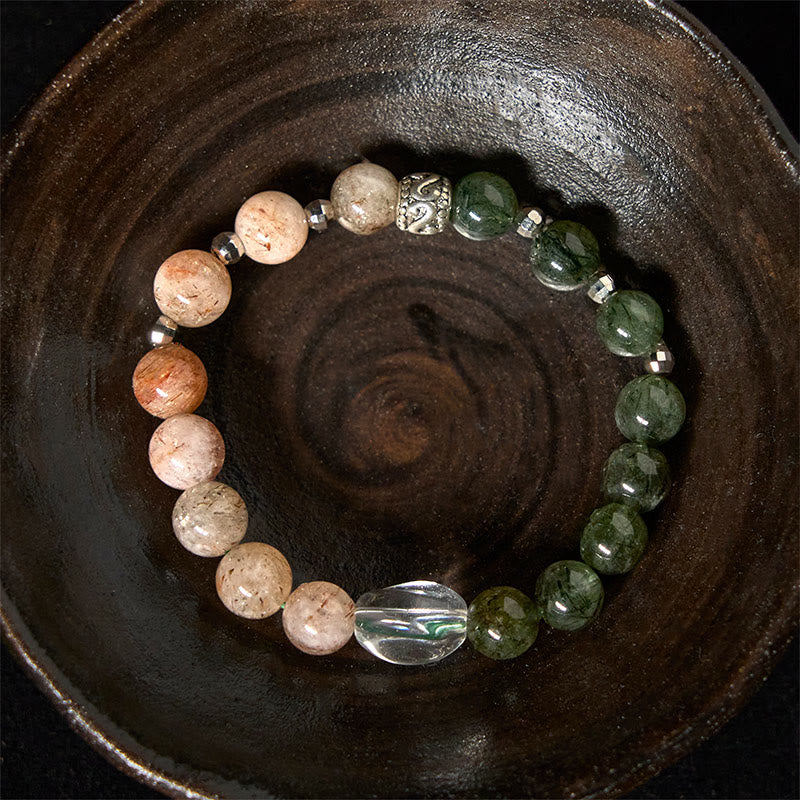 Bracciale Buddha Stones Super Seven Crystal Wealth con quarzo rutilato verde naturale - image 3