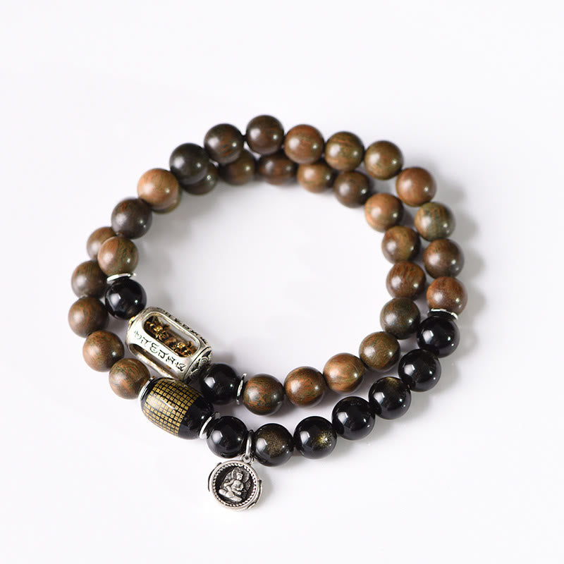 Bracciale a doppio giro in ossidiana, sandalo verde tibetano, lucentezza dorata e equilibrio della pace, Buddha Stones - image 16