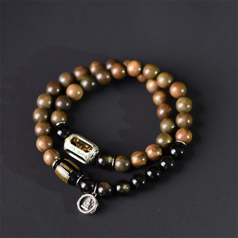 Bracciale a doppio giro in ossidiana, sandalo verde tibetano, lucentezza dorata e equilibrio della pace, Buddha Stones - 18-19 cm - image 1