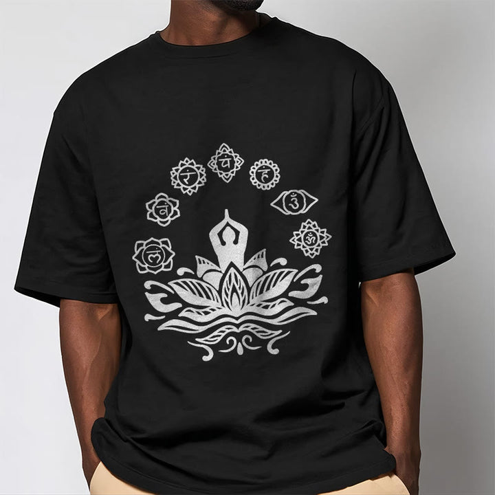 Maglietta casual in cotone con Buddha Stones Mediting Figure Lotus Flower Seven Chakras - image 5