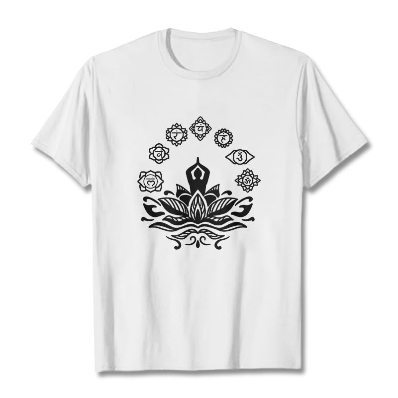 Maglietta casual in cotone con Buddha Stones Mediting Figure Lotus Flower Seven Chakras - Bianco - 2XL - image 8