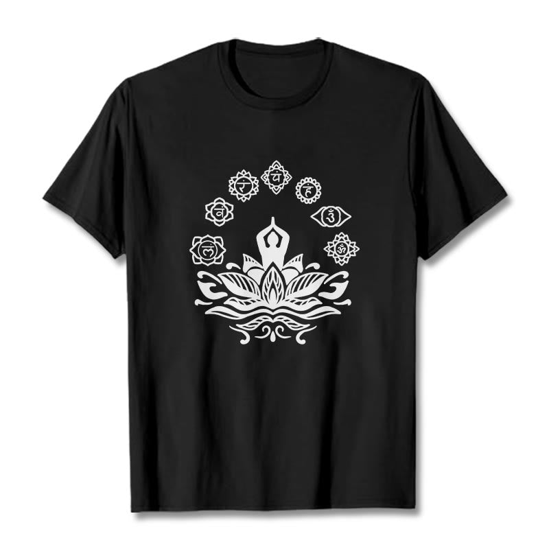 Maglietta casual in cotone con Buddha Stones Mediting Figure Lotus Flower Seven Chakras - Nero - 2XL - image 4