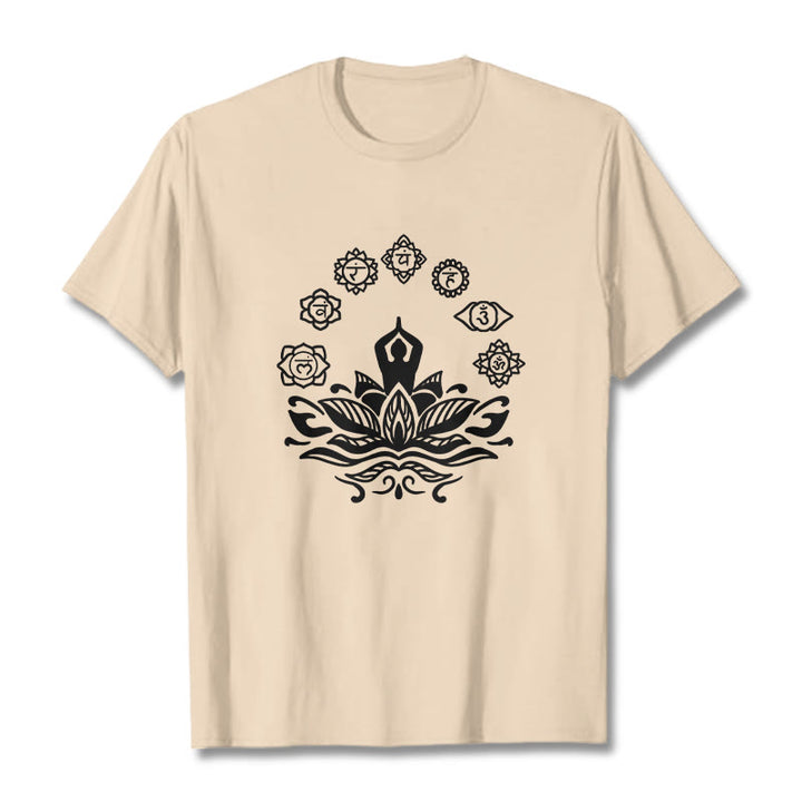 Maglietta casual in cotone con Buddha Stones Mediting Figure Lotus Flower Seven Chakras - Biscotto - 2XL - image 11
