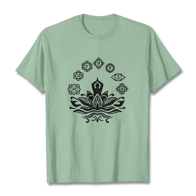 Maglietta casual in cotone con Buddha Stones Mediting Figure Lotus Flower Seven Chakras - Verde pallido - 2XL - image 15