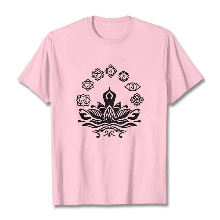 Maglietta casual in cotone con Buddha Stones Mediting Figure Lotus Flower Seven Chakras - Rosa chiaro - 2XL - image 13