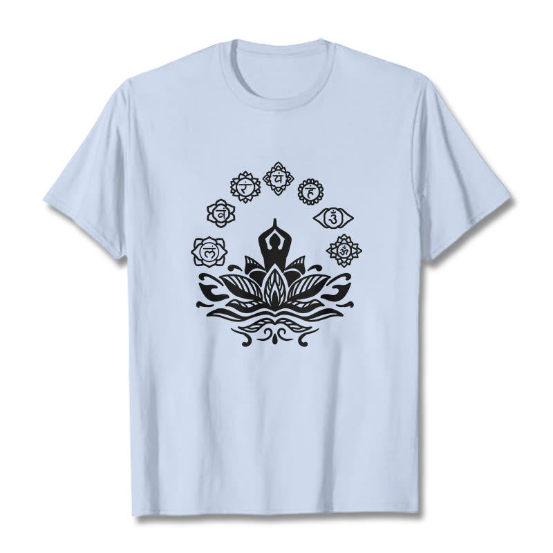Maglietta casual in cotone con Buddha Stones Mediting Figure Lotus Flower Seven Chakras - Ciano chiaro - 2XL - image 19
