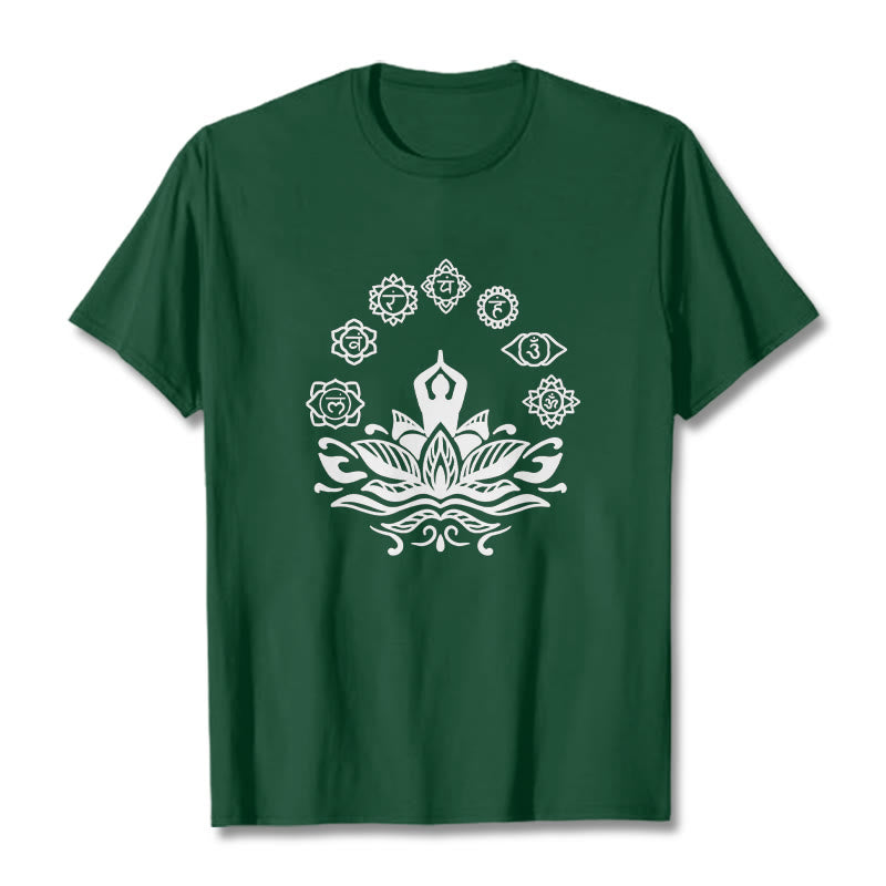 Maglietta casual in cotone con Buddha Stones Mediting Figure Lotus Flower Seven Chakras - Verde foresta - 2XL - image 1