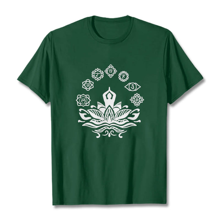 Maglietta casual in cotone con Buddha Stones Mediting Figure Lotus Flower Seven Chakras - Verde foresta - 2XL - image 1