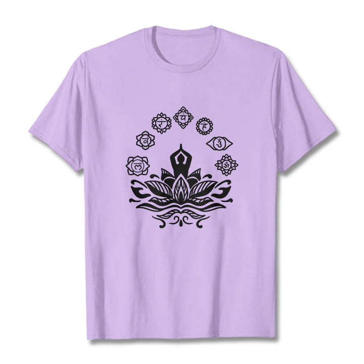 Maglietta casual in cotone con Buddha Stones Mediting Figure Lotus Flower Seven Chakras - Prugna - 2XL - image 17