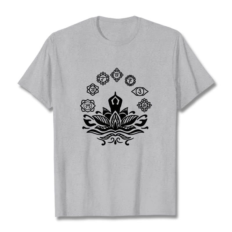 Maglietta casual in cotone con Buddha Stones Mediting Figure Lotus Flower Seven Chakras - Grigio chiaro - 2XL - image 20