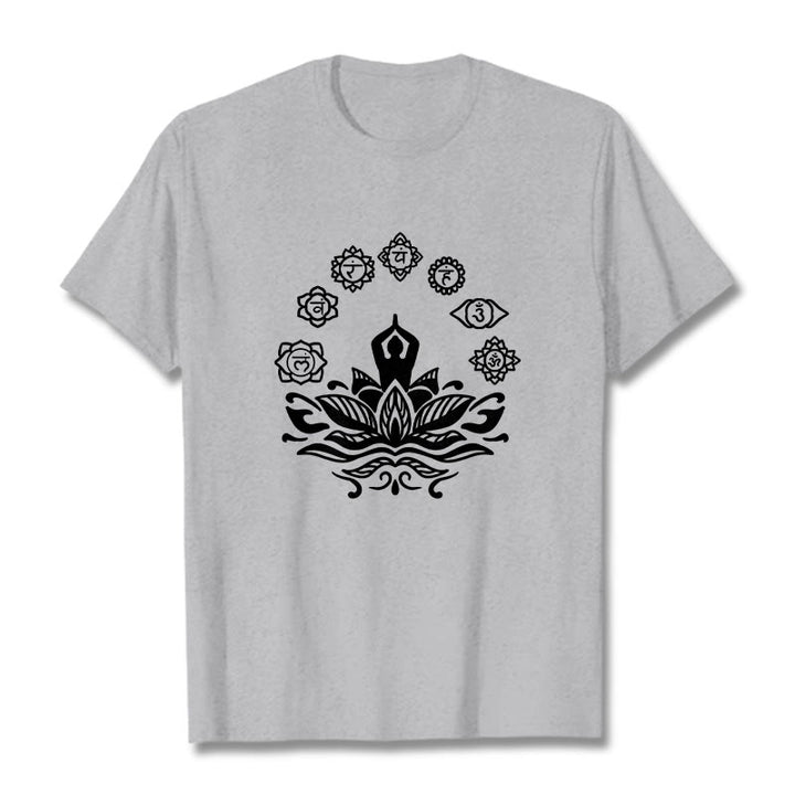 Maglietta casual in cotone con Buddha Stones Mediting Figure Lotus Flower Seven Chakras - Grigio chiaro - 2XL - image 20
