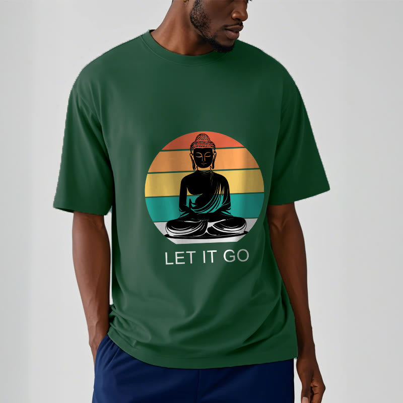 Maglietta casual in cotone con motivo Buddha in meditazione, motivo a righe colorate su sfondo Buddha Stones - image 2
