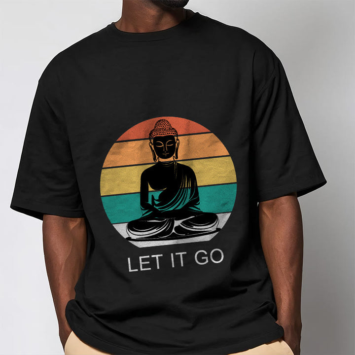 Maglietta casual in cotone con motivo Buddha in meditazione, motivo a righe colorate su sfondo Buddha Stones - image 5