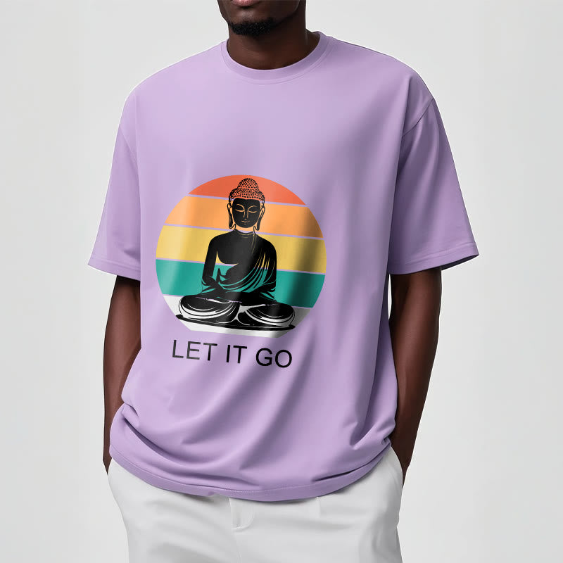 Maglietta casual in cotone con motivo Buddha in meditazione, motivo a righe colorate su sfondo Buddha Stones - image 18