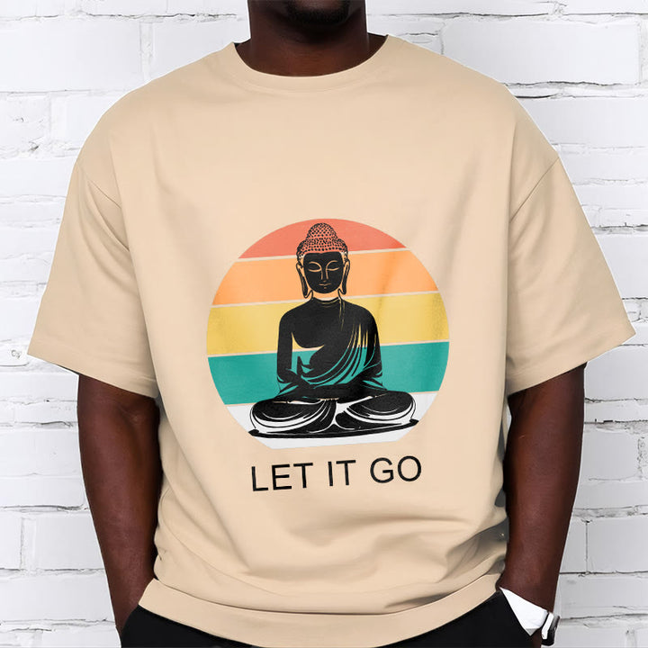 Maglietta casual in cotone con motivo Buddha in meditazione, motivo a righe colorate su sfondo Buddha Stones - image 12