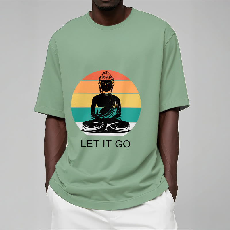 Maglietta casual in cotone con motivo Buddha in meditazione, motivo a righe colorate su sfondo Buddha Stones - image 16