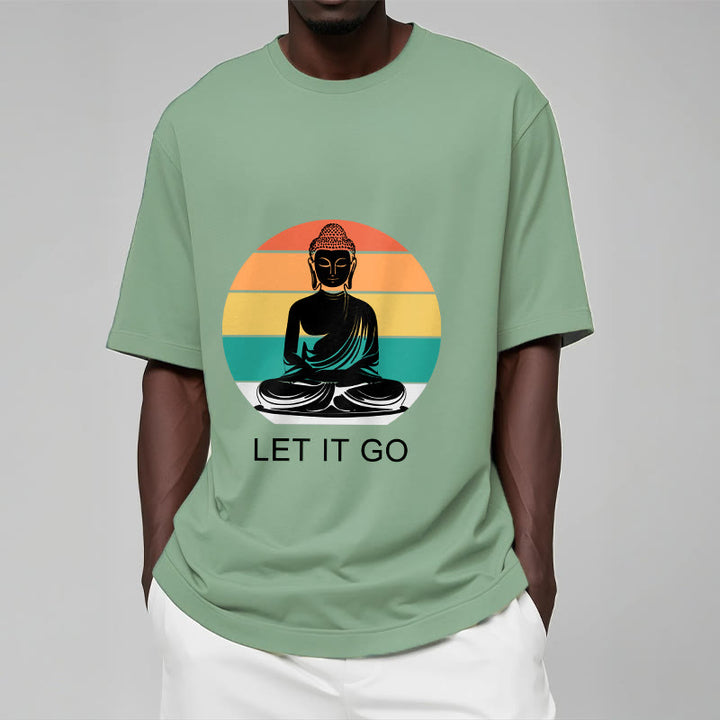 Maglietta casual in cotone con motivo Buddha in meditazione, motivo a righe colorate su sfondo Buddha Stones - image 16