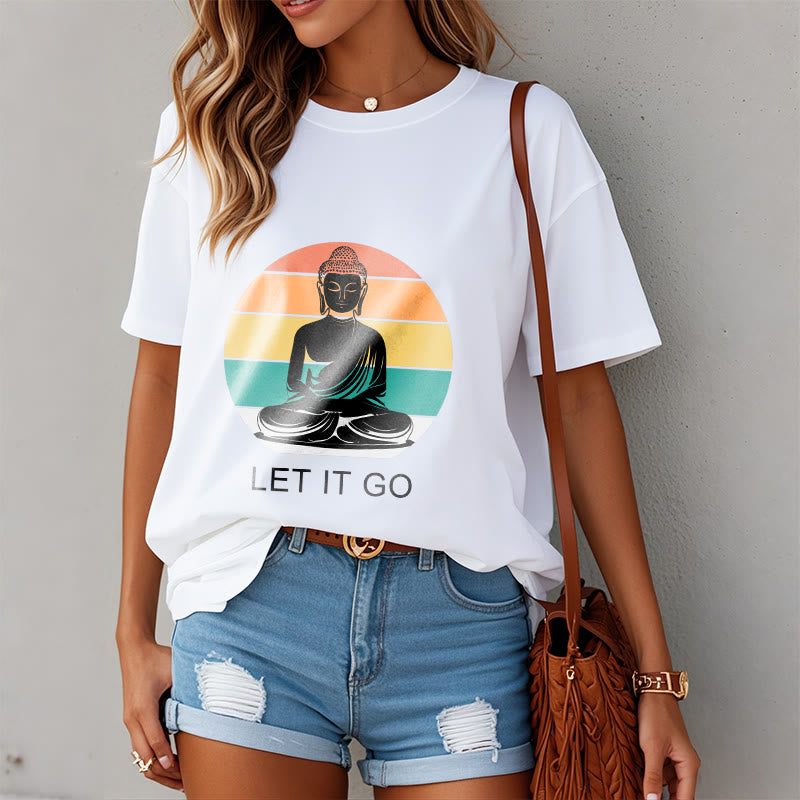 Maglietta casual in cotone con motivo Buddha in meditazione, motivo a righe colorate su sfondo Buddha Stones - image 10