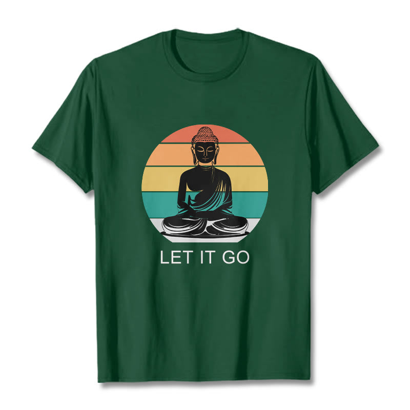 Maglietta casual in cotone con motivo Buddha in meditazione, motivo a righe colorate su sfondo Buddha Stones - Verde foresta - 2XL - image 1
