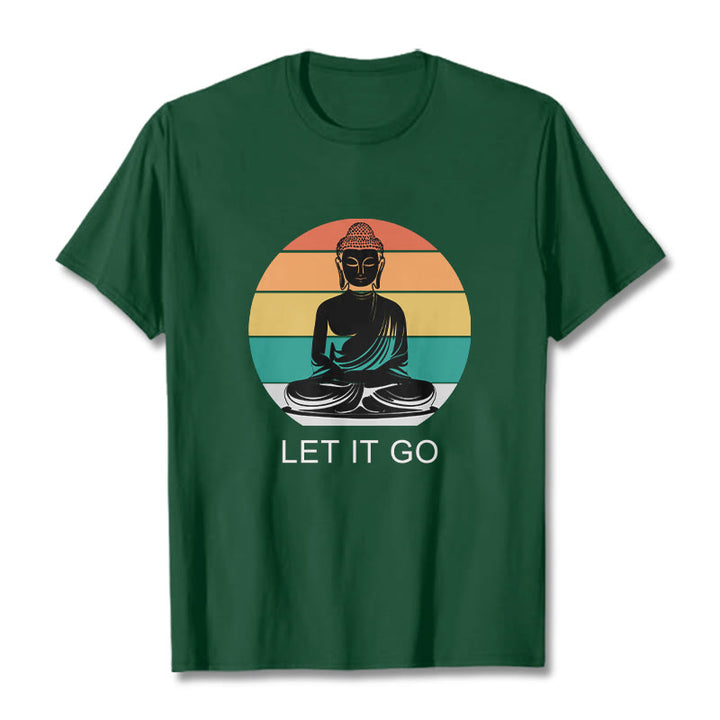 Maglietta casual in cotone con motivo Buddha in meditazione, motivo a righe colorate su sfondo Buddha Stones - Verde foresta - 2XL - image 1