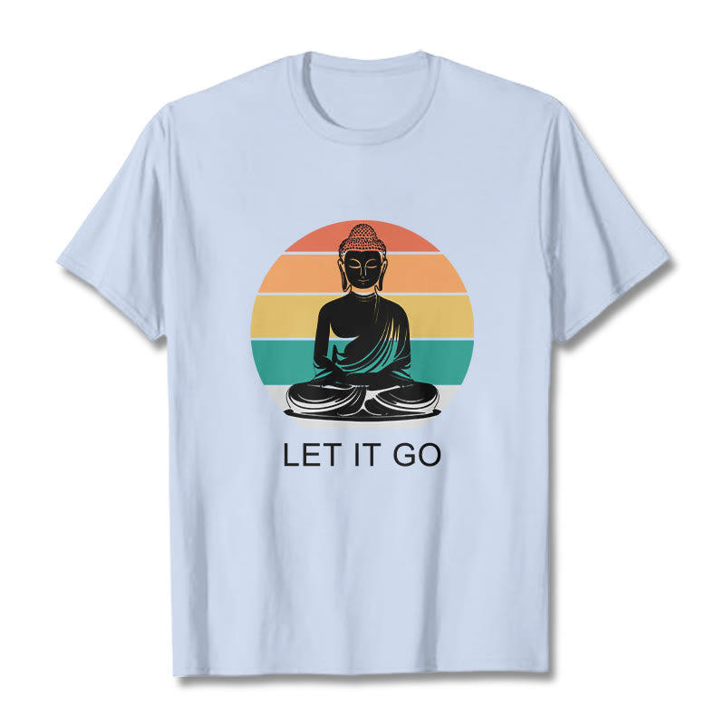 Maglietta casual in cotone con motivo Buddha in meditazione, motivo a righe colorate su sfondo Buddha Stones - Ciano chiaro - 2XL - image 19
