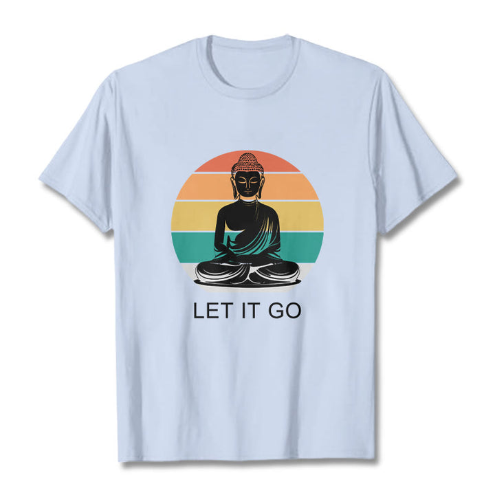 Maglietta casual in cotone con motivo Buddha in meditazione, motivo a righe colorate su sfondo Buddha Stones - Ciano chiaro - 2XL - image 19