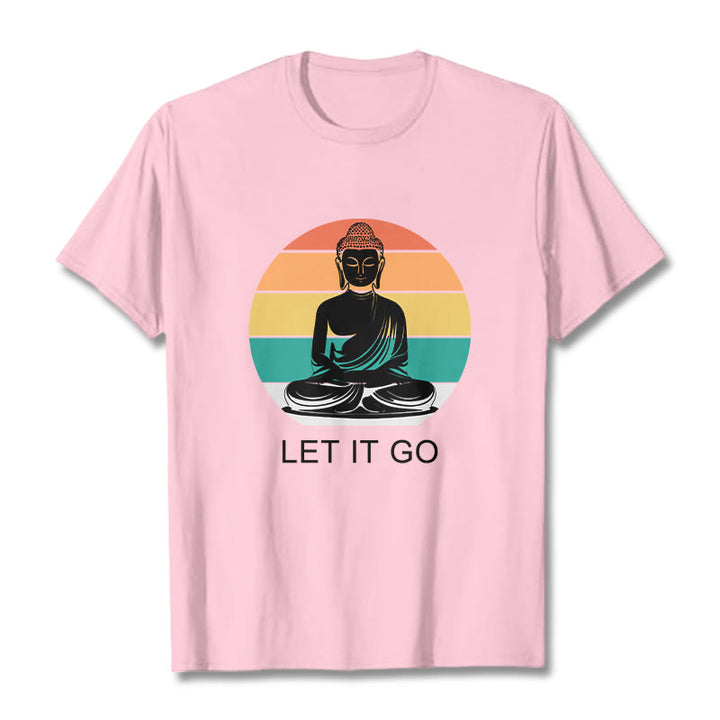 Maglietta casual in cotone con motivo Buddha in meditazione, motivo a righe colorate su sfondo Buddha Stones - Rosa chiaro - 2XL - image 13