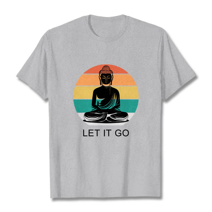 Maglietta casual in cotone con motivo Buddha in meditazione, motivo a righe colorate su sfondo Buddha Stones - Grigio chiaro - 2XL - image 20