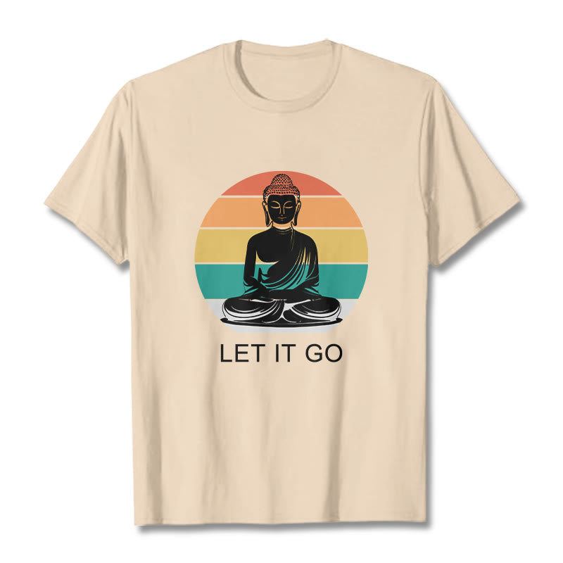 Maglietta casual in cotone con motivo Buddha in meditazione, motivo a righe colorate su sfondo Buddha Stones - Biscotto - 2XL - image 11