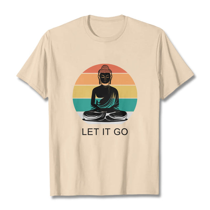 Maglietta casual in cotone con motivo Buddha in meditazione, motivo a righe colorate su sfondo Buddha Stones - Biscotto - 2XL - image 11