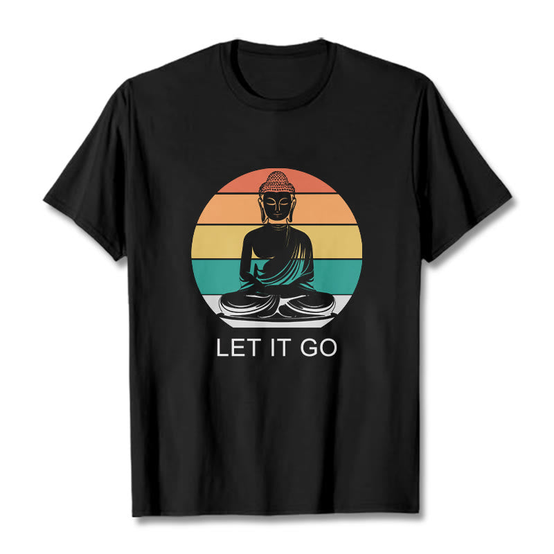 Maglietta casual in cotone con motivo Buddha in meditazione, motivo a righe colorate su sfondo Buddha Stones - Nero - 2XL - image 4