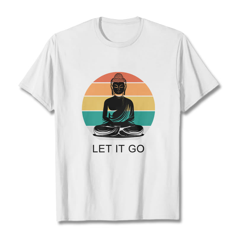 Maglietta casual in cotone con motivo Buddha in meditazione, motivo a righe colorate su sfondo Buddha Stones - Bianco - 2XL - image 8