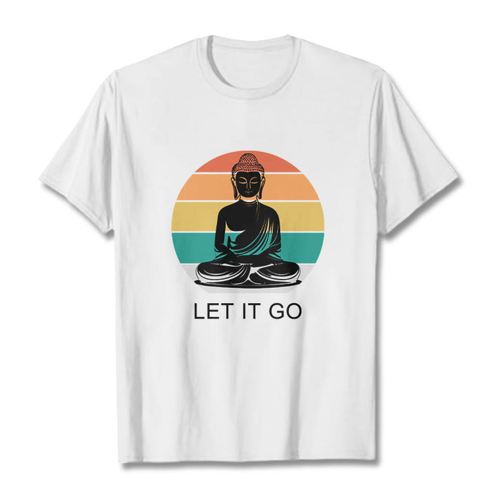 Maglietta casual in cotone con motivo Buddha in meditazione, motivo a righe colorate su sfondo Buddha Stones - Bianco - 2XL - image 8