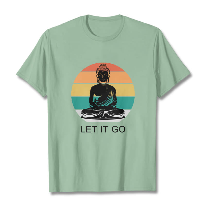 Maglietta casual in cotone con motivo Buddha in meditazione, motivo a righe colorate su sfondo Buddha Stones - Verde pallido - 2XL - image 15