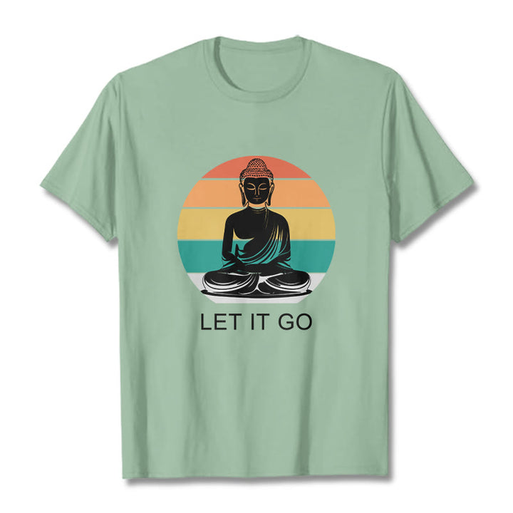 Maglietta casual in cotone con motivo Buddha in meditazione, motivo a righe colorate su sfondo Buddha Stones - Verde pallido - 2XL - image 15
