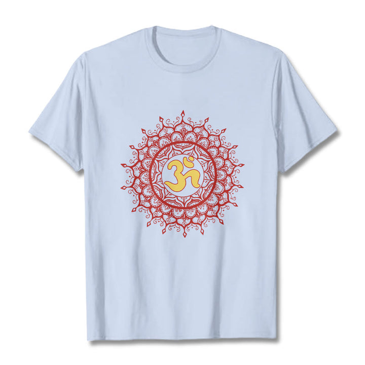 Buddha Stones Maglietta casual in cotone con motivo mandala rosso e simbolo Om - Ciano chiaro - 2XL - image 18