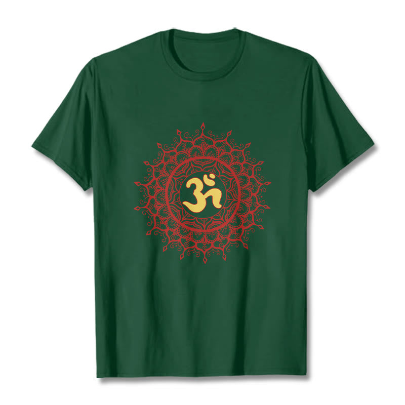 Buddha Stones Maglietta casual in cotone con motivo mandala rosso e simbolo Om - Verde foresta - 2XL - image 10