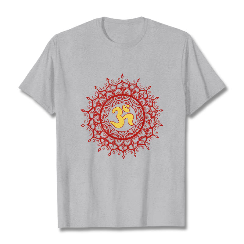Buddha Stones Maglietta casual in cotone con motivo mandala rosso e simbolo Om - Grigio chiaro - 2XL - image 19