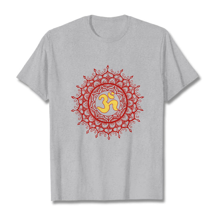 Buddha Stones Maglietta casual in cotone con motivo mandala rosso e simbolo Om - Grigio chiaro - 2XL - image 19