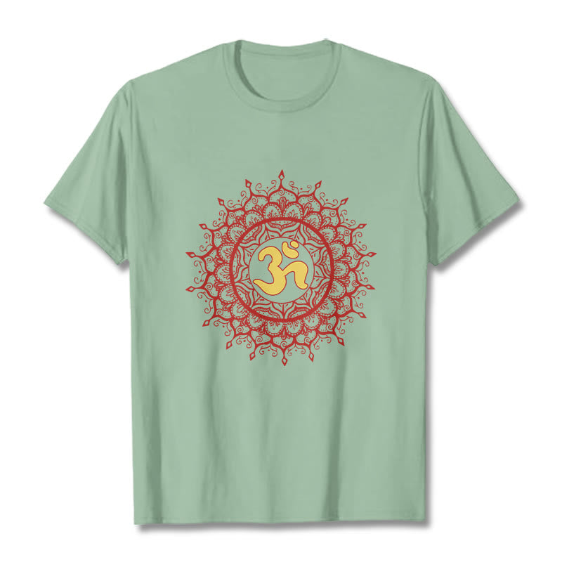 Buddha Stones Maglietta casual in cotone con motivo mandala rosso e simbolo Om - Verde pallido - 2XL - image 14