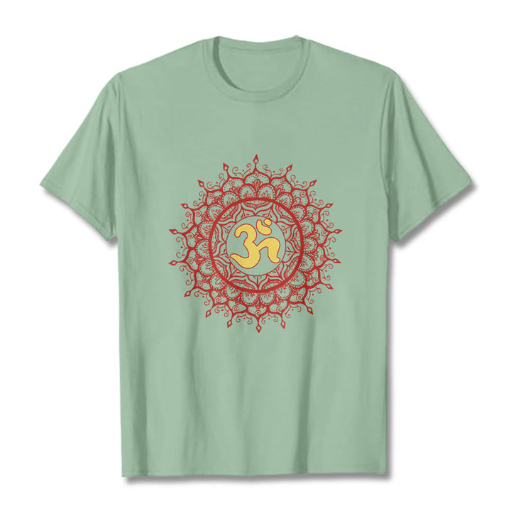 Buddha Stones Maglietta casual in cotone con motivo mandala rosso e simbolo Om - Verde pallido - 2XL - image 14