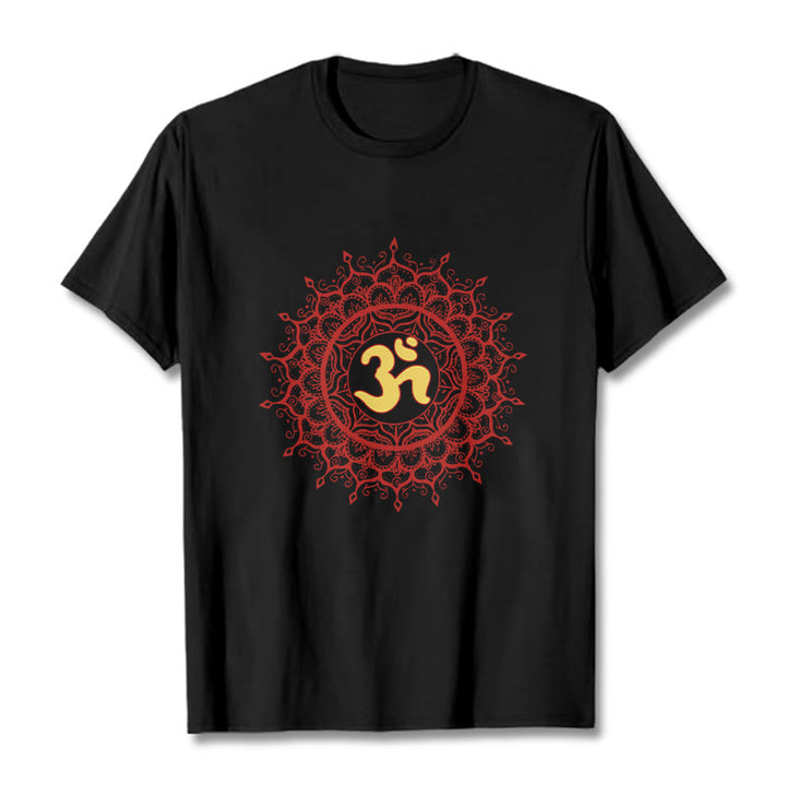 Buddha Stones Maglietta casual in cotone con motivo mandala rosso e simbolo Om - Nero - 2XL - image 0